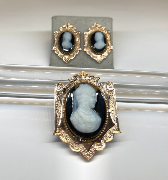 Victorian Cameo Pin and Earring Set, Antique Pin … - image 6