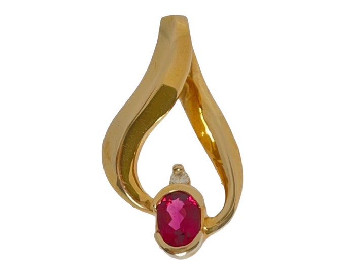 Vintage Yellow Gold Garnet and Diamond Pendant, Yellow Gold and Garnet with Diamond Accent Pendant, Vintage Free Form Garnet Pendant