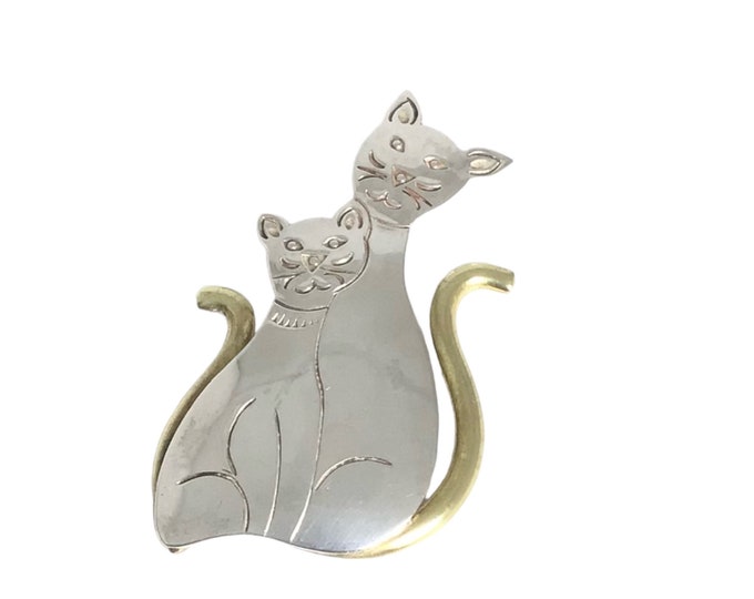 Whimsical Vintage Cat Pin - Sterling Silver and Brass Brooch, Two Sitting Cats