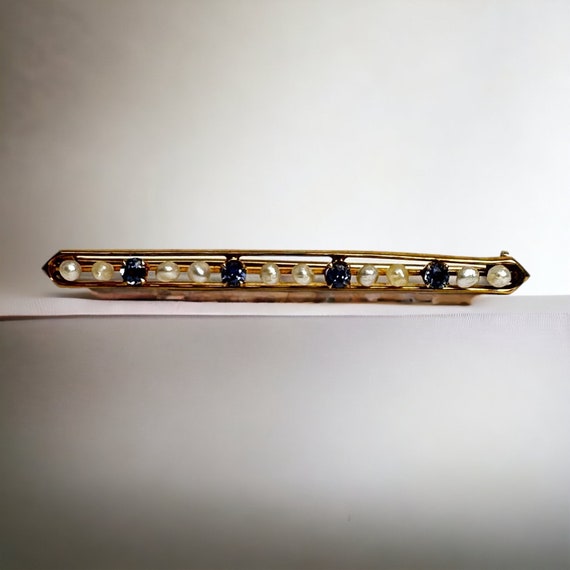 Vintage Blue Sapphire and Pearl Bar Pin, Pearl an… - image 8