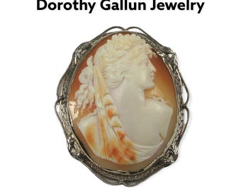 1920s Shell Cameo Pin Pendant: 14k White Gold Filigree