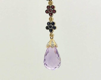18K Gold Amethyst Briolette Pendant: Ruby, Sapphire, Garnet & Diamond Floral Estate Jewelry