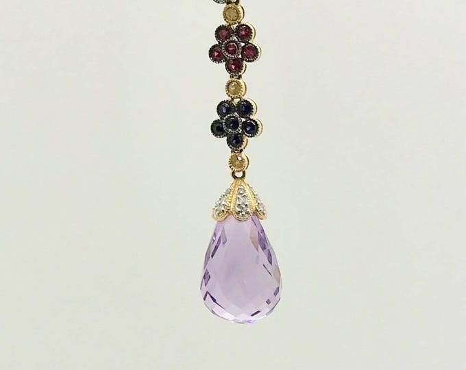 Yellow Gold Amethyst, Green Garnet, Ruby, Blue Sapphire, Yellow Sapphire and Diamond Pendant; Amethyst Briolette Pendant, Estate Pendant
