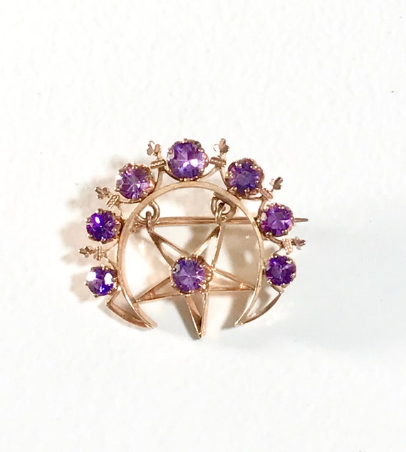 Yellow Gold Amethyst Moon and Star Brooch, Crescen