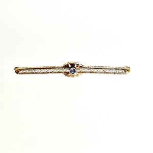 Antique 14k Yellow Gold Filigree Bar Pin with Blue Sapphire