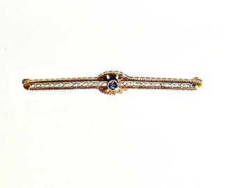 Antique Yellow Gold Blue Sapphire Bar Pin, Filigree Bar Pin, Filigree Sapphire Brooch, Filigree Brooch