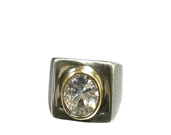 Heavy Sterling Silver Oval Cubic Zirconia Statement Ring with 14 Karat Yellow Gold Accent