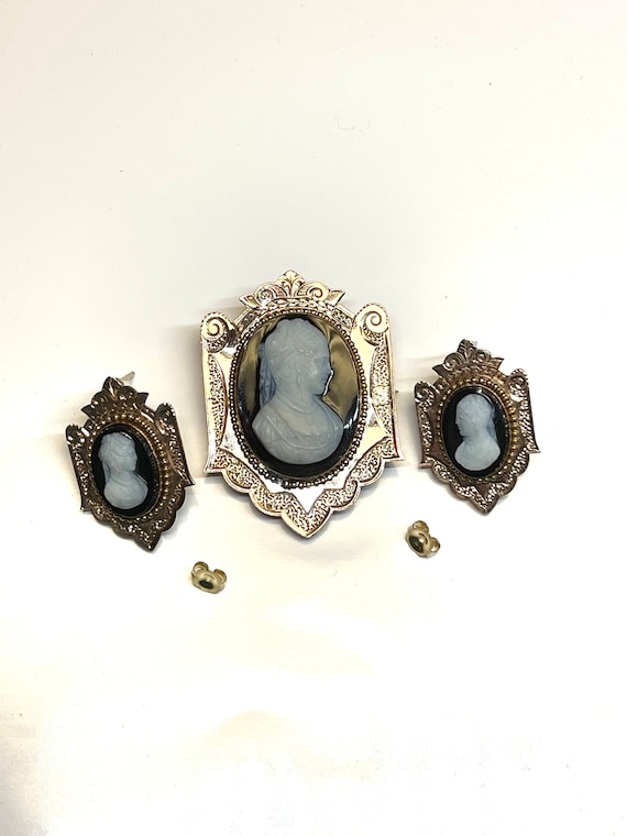 Victorian Cameo Pin and Earring Set, Antique Pin … - image 2