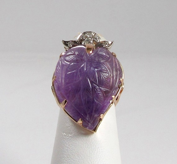 Carved Amethyst and Diamond Ring; Amethyst Statem… - image 1