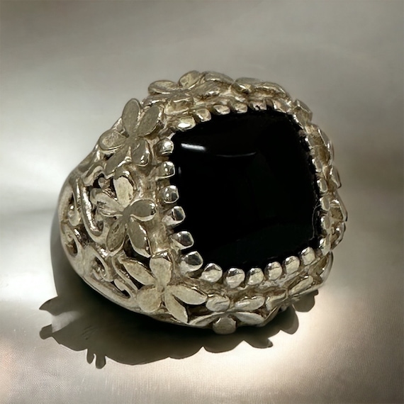 Vintage Sterling Silver Black Onyx Ring, Floral D… - image 8