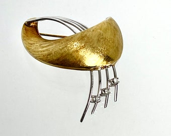 Yellow and White Gold Diamond Brooch, Vintage Diamond Pin, Brush Finish Diamond Brooch