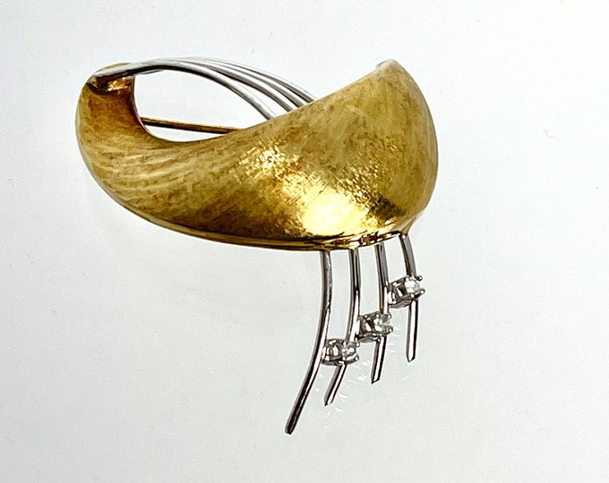 Yellow and White Gold Diamond Brooch, Vintage Diamond Pin, Brush Finish Diamond Brooch