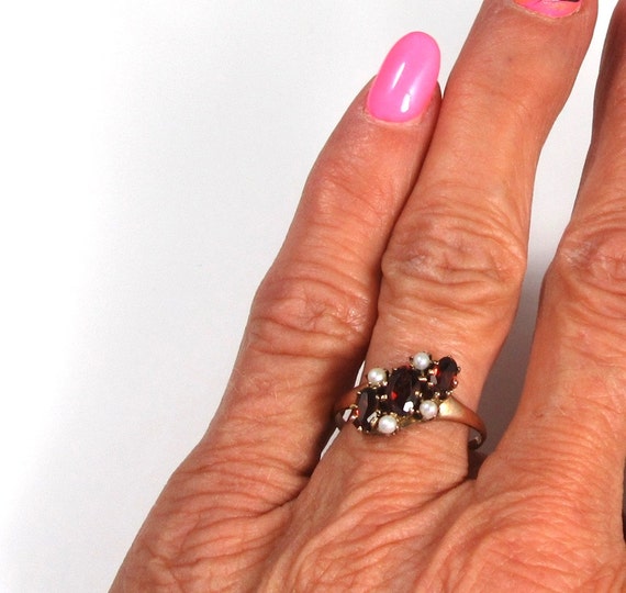 Garnet and Pearl Ring; Victorian Garnet and Pearl… - image 5
