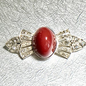 Art Deco Sterling Silver Rhinestone Pin: Carnelian Colored Stone Brooch