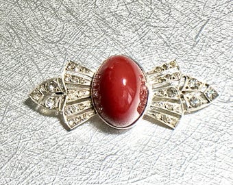 Art Deco Sterling Silver Rhinestone Pin: Carnelian Colored Stone Brooch