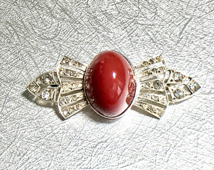 Art Deco Sterling Silver Carnelian Colored and Rhinestone pin, Vintage Pin, Rhinestone Brooch, Tailored Art Deco Pin with Rhinestones