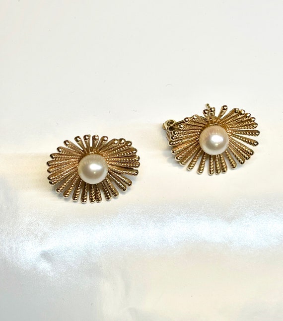 Vintage Pierced Pearl Earrings, Gold Sunburst Pea… - image 2