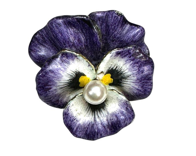 14 Karat Yellow Gold Victorian Enamel Pansy Brooch, Authentic Antique Flower Pin with Pearl Accent