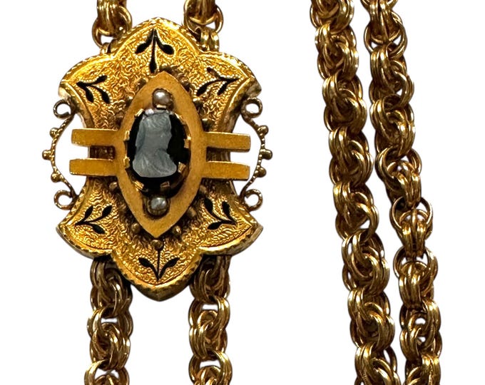 Victorian Gold Filled Watch Chain with Onyx Cameo Slide