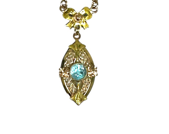 Vintage Yellow and Rose Gold Blue Zircon Filigree Necklace with Bow Design