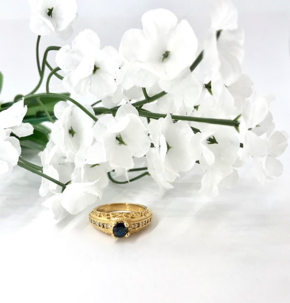 Yellow Gold Sapphire and Diamond Filigree Ring - image 1