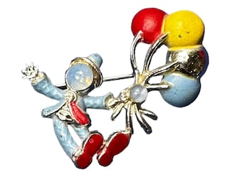 Vintage Silver Tone Clown with Balloons Brooch, Mid-Century Clown Brooch