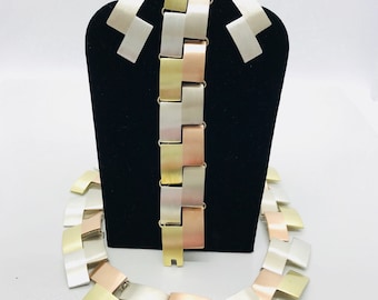 Mixed Metal Necklace Bracelet Earring Set: Sterling Silver, Brass & Copper