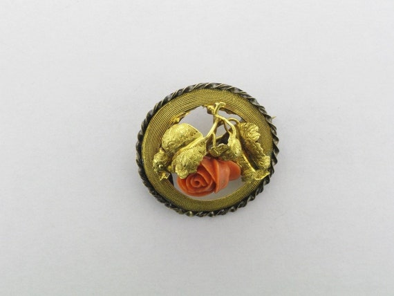 Coral Pin with Carved Coral Rose; Gold Coral Pin;… - image 1