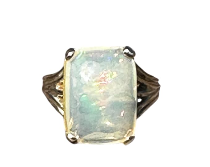 Mid Century Ethiopian Opal Ring-14 Karat Yellow Gold Cabochon-Vintage Opal Ring-Fiery Play of Color-Estate Fine Jewelry