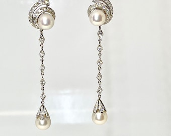 Vintage 14K White Gold Diamond Pearl Dangle Earrings