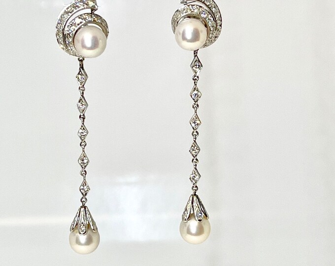 Vintage 14 Karat White Gold Diamond and Pearl Dangle Earrings, Pearl and Diamond Drop Earrings, Pierced Diamond and Cultured Pearl Earrings