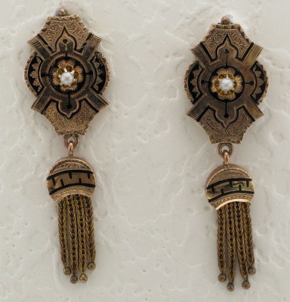 Yellow Gold Victorian Pin and Earring Set with Bl… - image 2