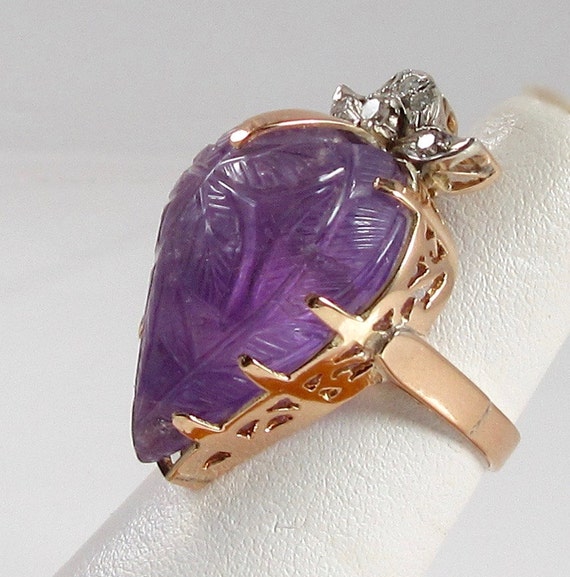 Carved Amethyst and Diamond Ring; Amethyst Statem… - image 2