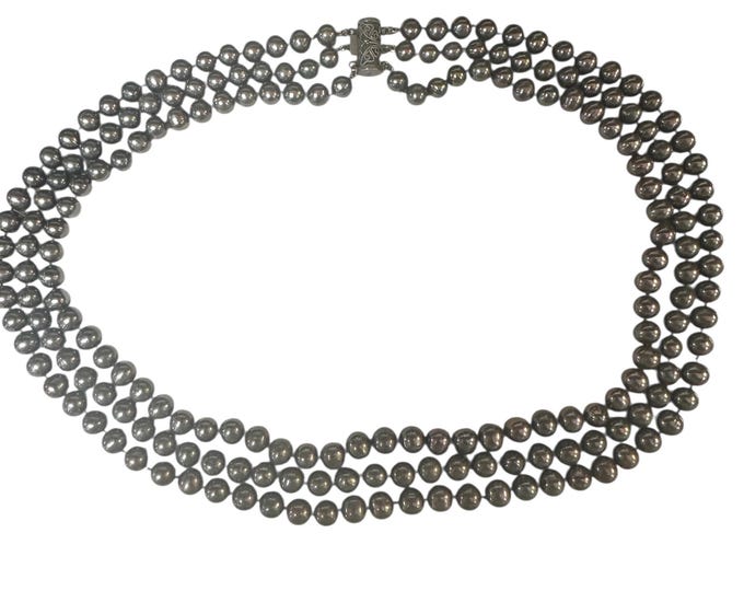 Triple Strand Black Cultured Pearl Necklace with Sterling Silver Clasp
