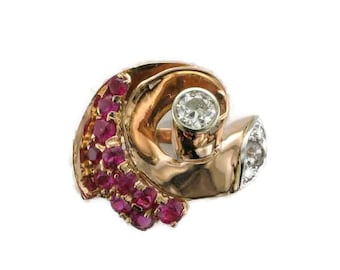 Rose Gold Diamond and Ruby Ring, Art Deco Ruby Ring, Retro Ruby Ring, Antique Rose Gold Diamond and Ruby Ring, Art Deco Diamond Ring