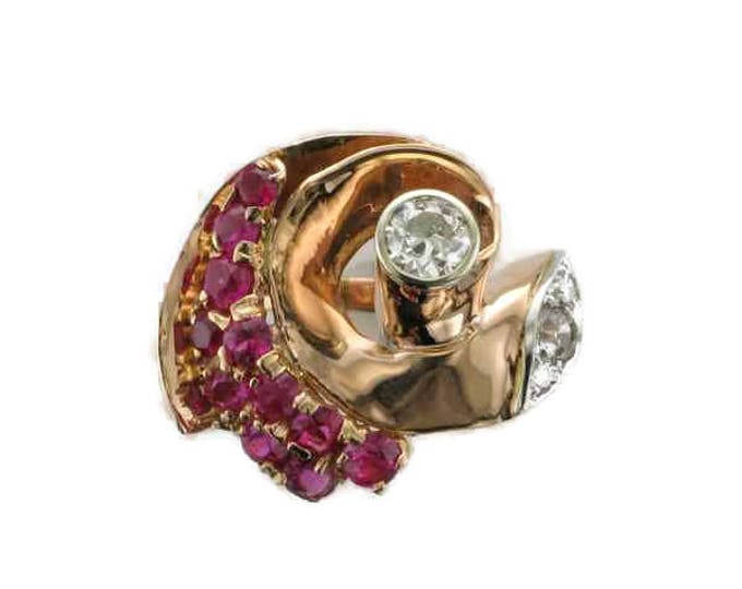 Rose Gold Diamond and Ruby Ring, Art Deco Ruby Ring, Retro Ruby Ring, Antique Rose Gold Diamond and Ruby Ring, Art Deco Diamond Ring