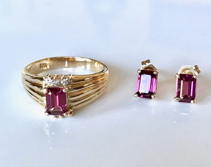 Vintage Rhodolite Garnet Ring and Earring Set, Garnet Ring, Garnet Earrings, January Birthstone, Ring and Earring Set