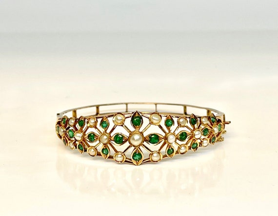 Vintage Yellow Gold Emerald and Pearl Bangle Brac… - image 1