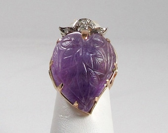 1970s Carved Amethyst Diamond Ring: 14k Gold Statement Ring, Size 6.5
