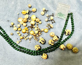 Two Malachite Strands, Fancy Frog and Shell Beads, Assortment of Faux Pearls and Turquoise Colored Glass Beads