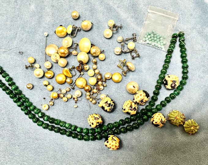 Two Malachite Strands, Fancy Frog and Shell Beads, Assortment of Faux Pearls and Turquoise Colored Glass Beads