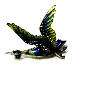 Collectible Vintage Flying Bird Brooch - Sterling Silver, Enamel, Marcasite, Signed FUREIG