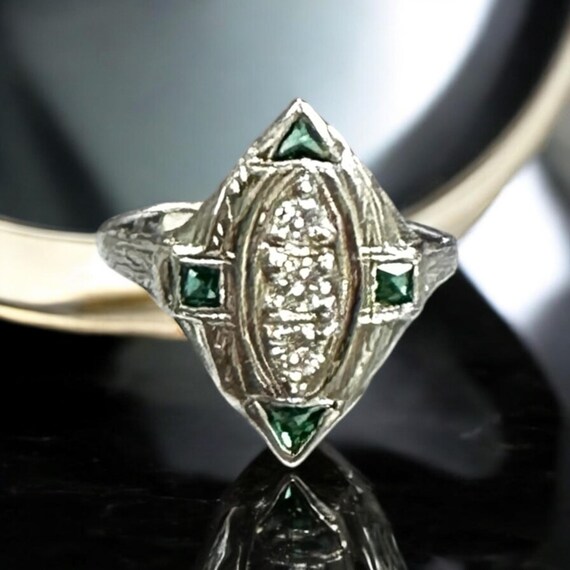 Edwardian 18K White Gold Diamond & Lab Emerald Fi… - image 8