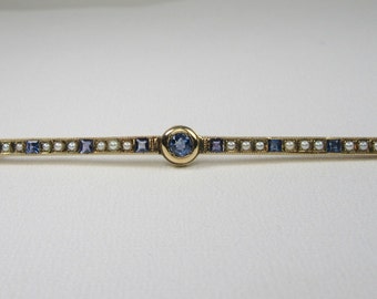 1920s Yellow Gold Bar Pin: Sapphire & Seed Pearl Antique Brooch