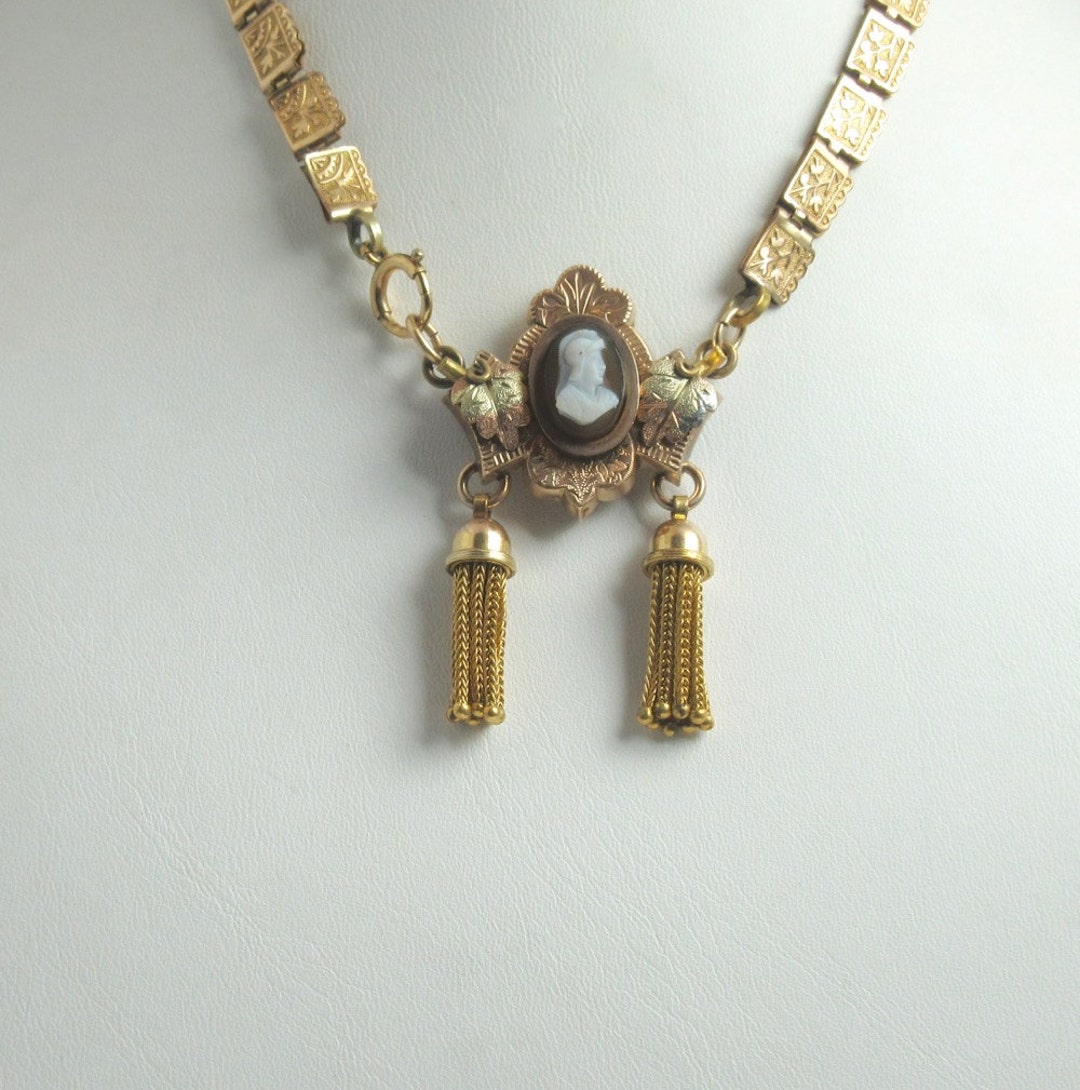 Gold Filled Cameo Watch Pin With Tassels and Book Chain Book Chain ...