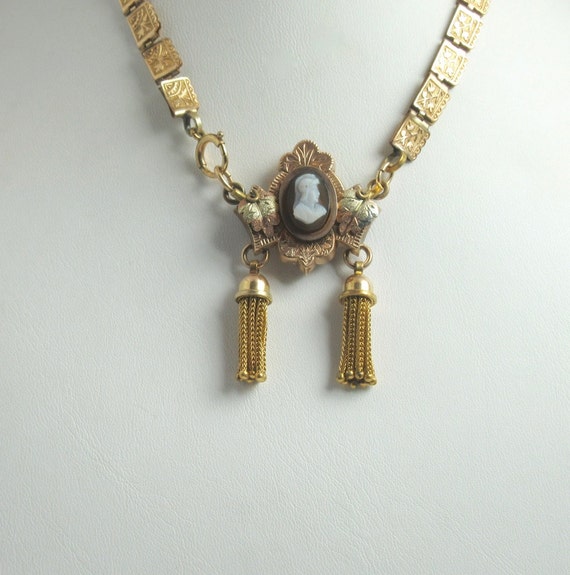 Gold Filled Cameo Book Chain Necklace with Tassel… - image 1
