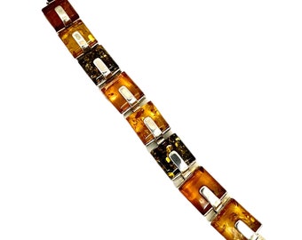 Sterling Silver Amber Bracelet, Vintage Amber Link Bracelet, Baltic Amber Bracelet