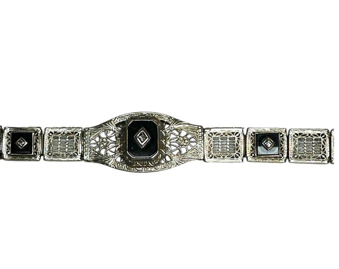 Antique 14 Karat Black Onyx and Single Cut Diamond Filigree Art Deco Bracelet