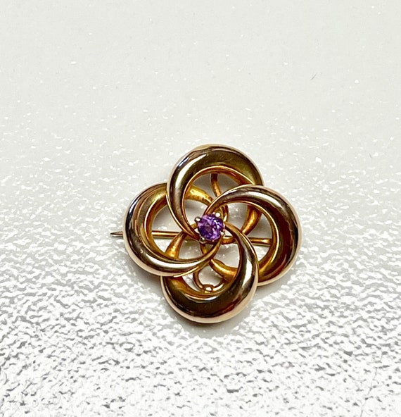 Yellow Gold Amethyst Knot Pin or Brooch, Antique A