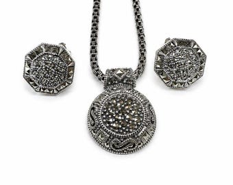 Judith Jack Vintage Sterling Silver Marcasite Necklace and Clip On Earrings Set